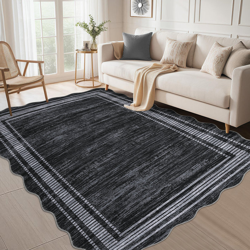 10 x 13 ft Polyester Black Rectangular Machine Washable Geometric Bordered Living Room Bedroom Dining Room Machine Washable Area Rug