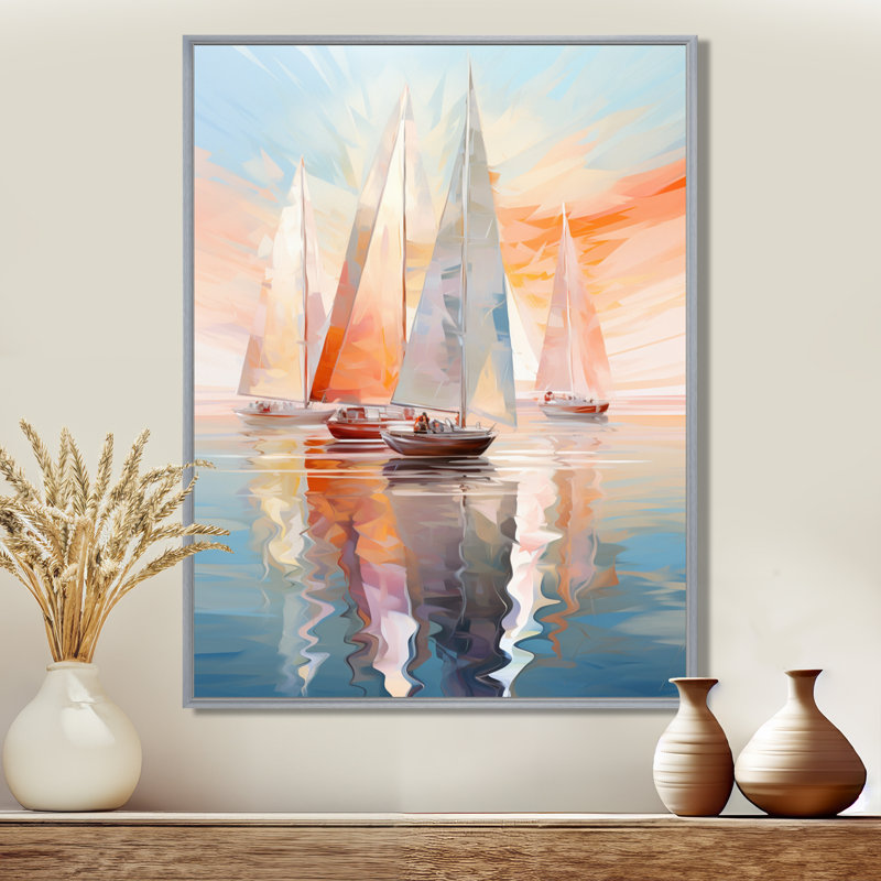 Minimalisme, voilier, rythme, art mural, H 44 po x l 34 po x P 1,5 po, Encadrement argenté