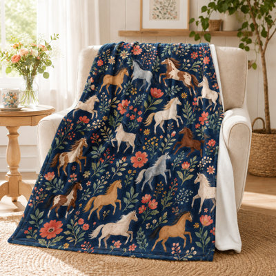 Jeté à motif floral bleu marine avec fleurs aquarelles, flanelle Botanical Equitation pour canapé, lit, coin lecture et superposition de tous les jours, 50 x 60 po