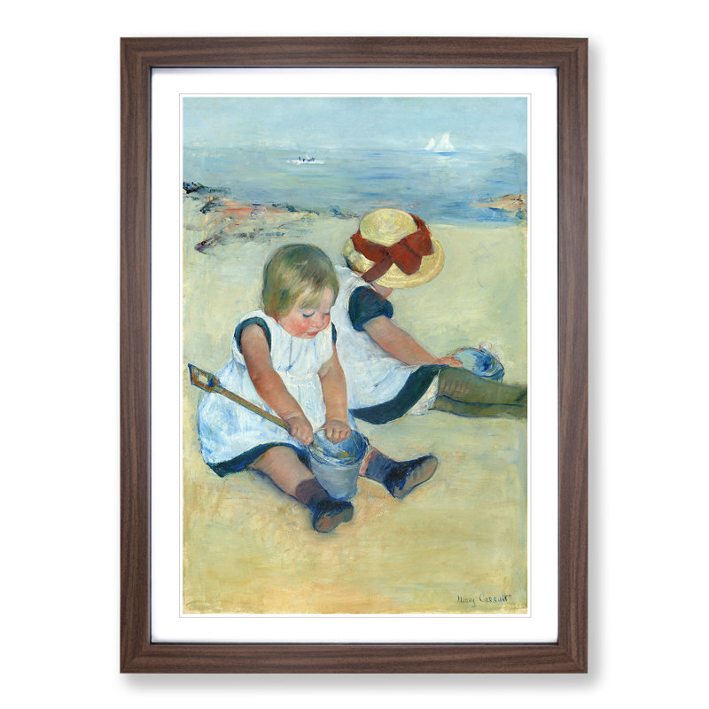 Children Playing on the Beach by Mary Cassatt - Picture Frame Painting, 36cm H x 27cm W x 2cm D, Walnut Framed