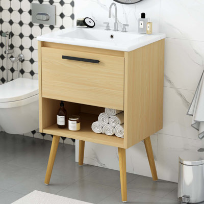 Meuble-lavabo 24 po avec lavabo, armoire de salle de bain multifonctionnelle avec tiroir, panneau de fibres à densité moyenne, naturel