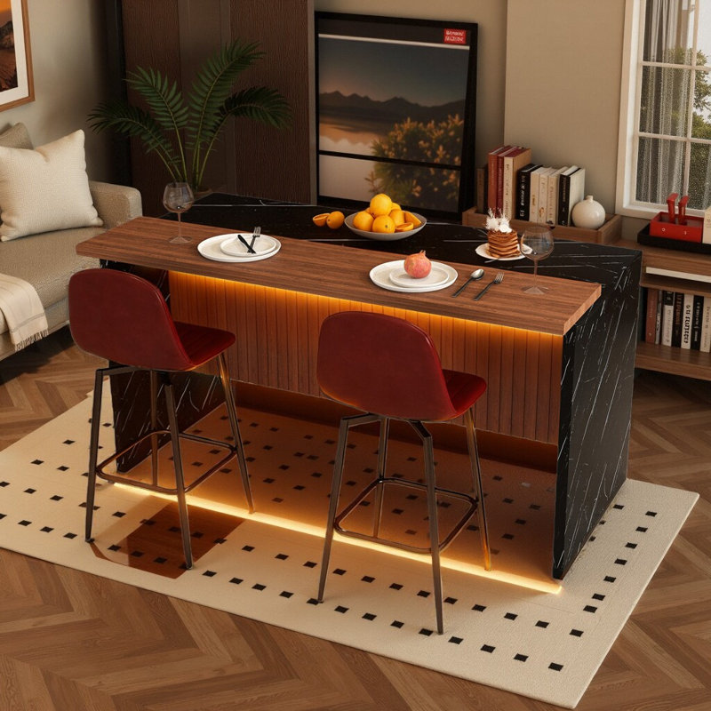 Ensemble d'îlot de cuisine 63 pouces avec 2 tabourets de bar - surface d'aspect marbre avec éclairage DEL, Table, 2 chaises