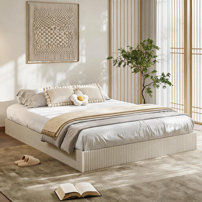 Base de lit en bois, lit plateforme en bois avec conception cannelée, base de lit simple avec support d'étude, assemblage facile, aucun sommier tapissier, silencieux, blanc ivoire