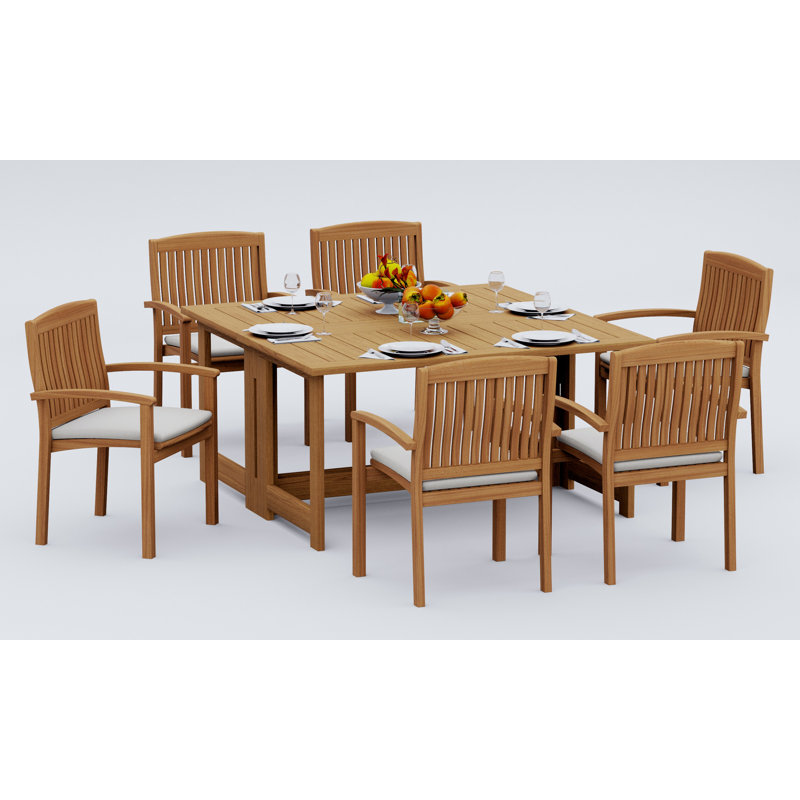 9 Pcs Grade-A Teak Wood Dining Set: 60" Square Rectangle Butterfly Table And 8 Wave Stacking Arm Chairs #11WV1408, 6