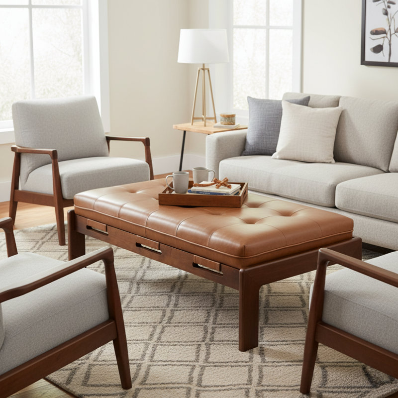 Izaic 48.4" Rectangle Tufted Upholstered Cocktail Ottoman, Walnut/Brown