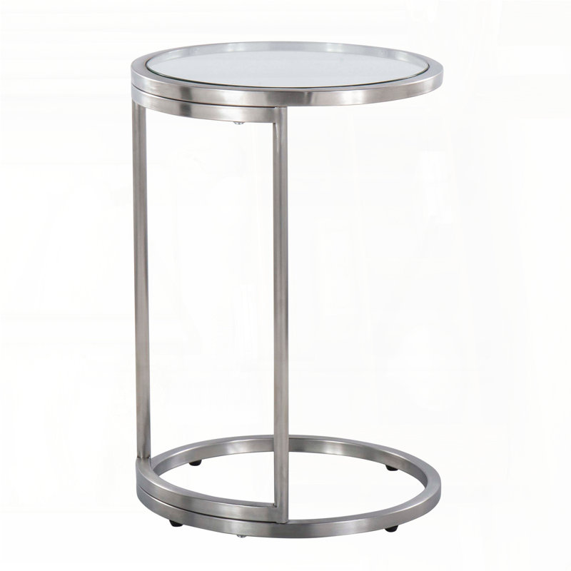 Table de bout ronde Zenn avec tablette en verre trempé en porte-à-faux - Acier inoxydable, Argent