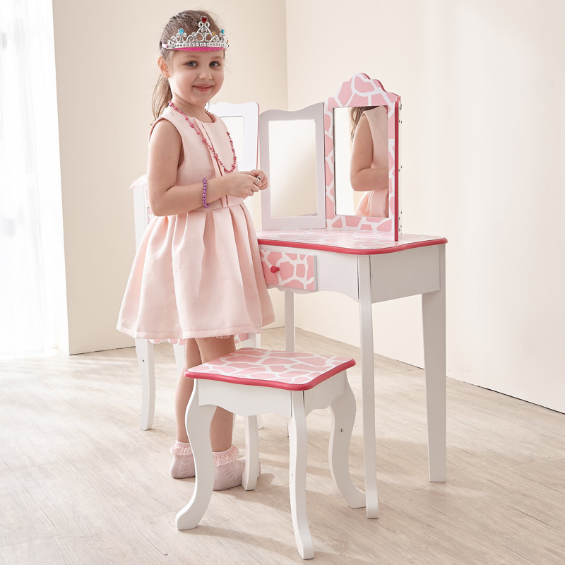 Teamson Kids Fashion Prints Animal Wooden Vanity Table & Stool with Mirror for Pretend Play Makeup, Light Pink Giraffe Print