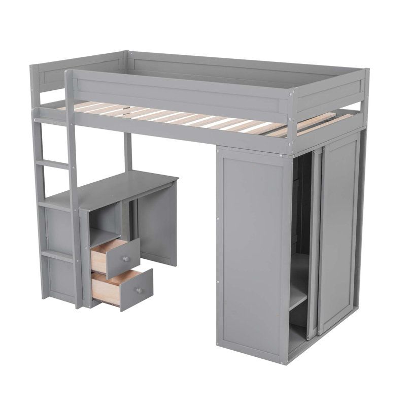 Lit mezzanine en bois avec placards et bureau à 2 tiroirs avec armoire, gris, Simple