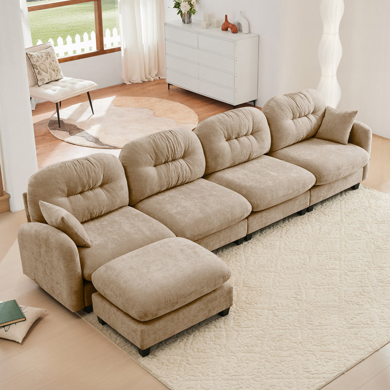 Canapé modulaire en chenille 4 places avec 2 coussins et repose-pieds, Chameau