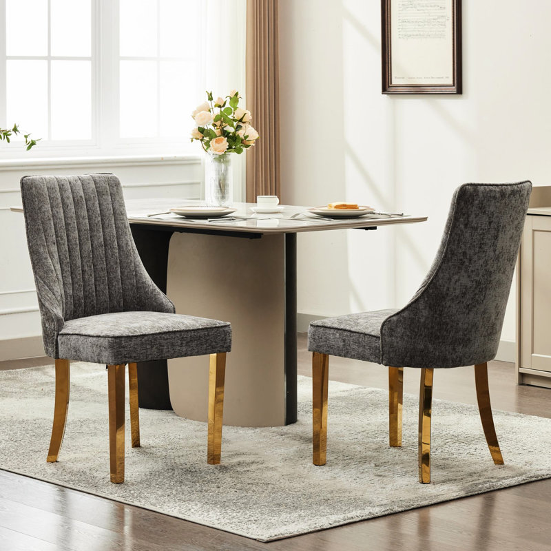 Rayonne, gris, chenille, chaises de salle à manger, American Traditional, pieds en acier inoxydable plaqué or, assise haute, confortable et longue durée
