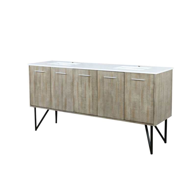 Meuble-lavabo double rustique en acacia avec plateau,  Quartz blanc / beige, H 36,63 po x l 72 po x P 20,25 po