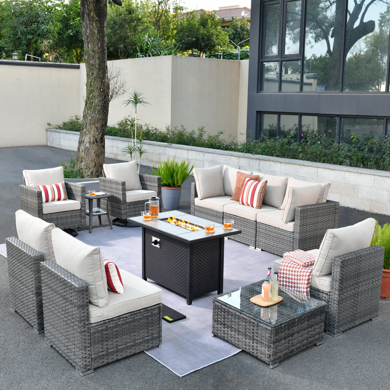 Chappotin 8 - Person Outdoor Conversation Set,  Wicker Patio Seating Group with Cushions, All Weather Sectional Sofa Set with Fire Pit for Garden, Backyard