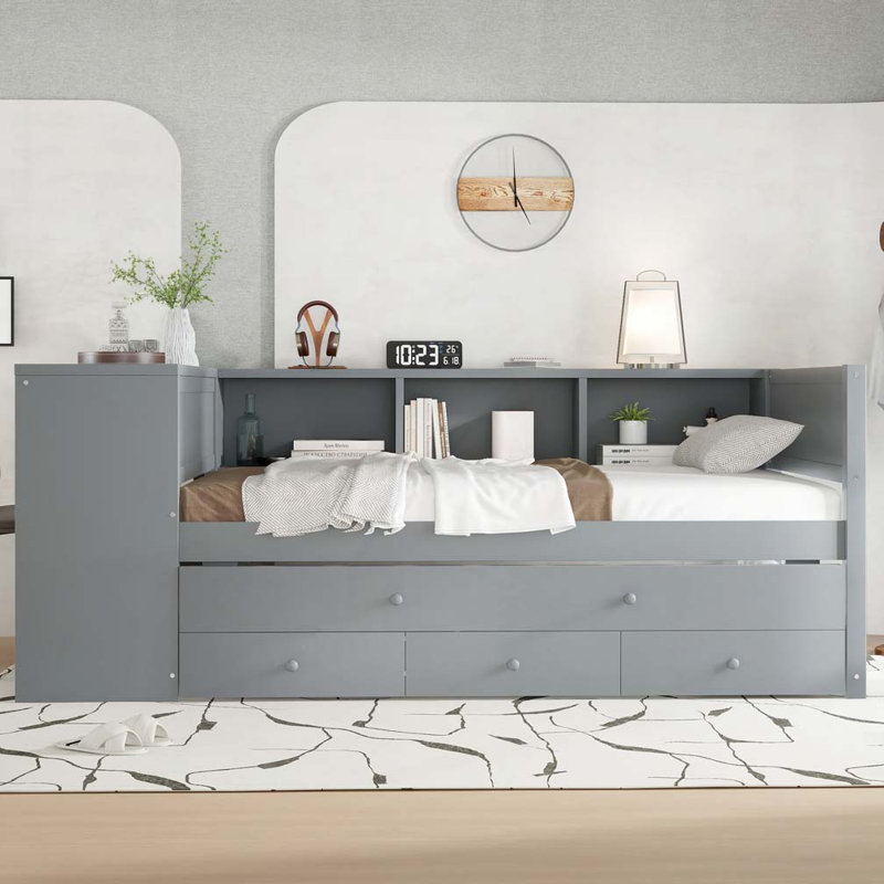 Wood Daybed with Trundle,Storage Drawers and Side Shelves, Gray, Twin