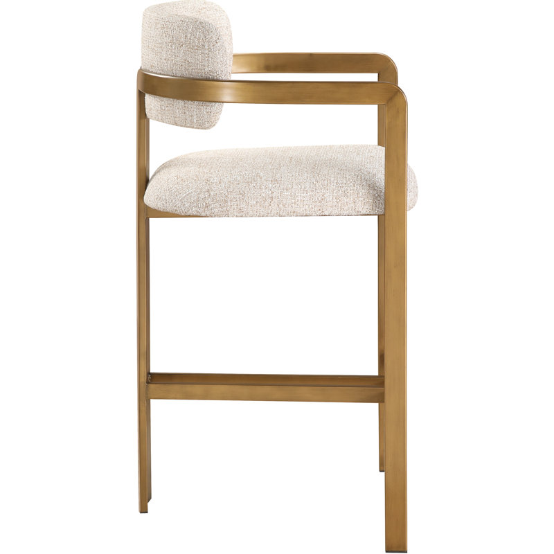 Tabouret de comptoir Asenath, Laiton brossé, Tissu beige texturé en lin