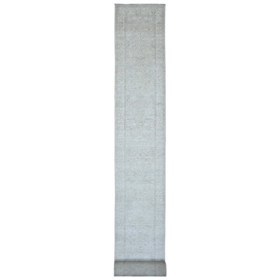 Tapis oriental gris 2 pi 6 po x 28 pi 9 po Peshawar délavé avec motif Heriz, tissé dense, noué à la main, très grand tapis oriental