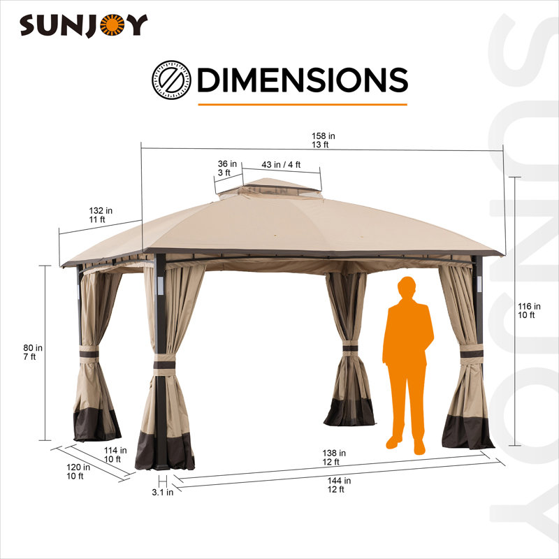 Sunjoy Moorehead 11 x 13 ft. Gazebo with LED Lighting and Bluetooth Sound, Tan/Brown
