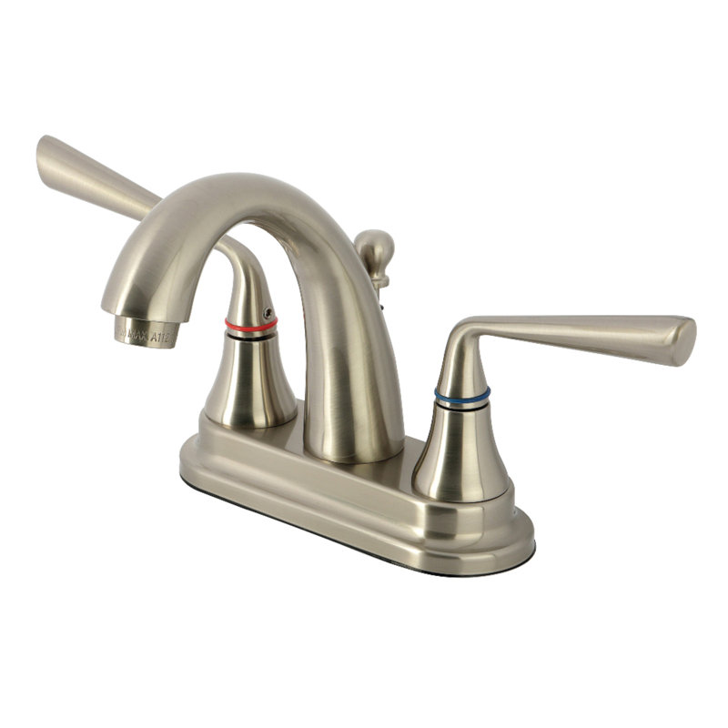 Kingston Brass Silver Sage Two-Handle 3-Hole Deck Mount 4" Centerset Bathroom Faucet with Brass Pop-Up, Brushed Nickel