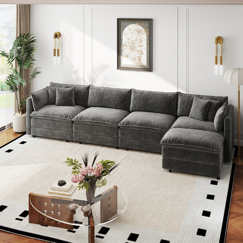Canapé-lit en chenille moderne avec repose-pieds, Gris chenille, H 33,85 po x l 147,22 po x P 35,82 po