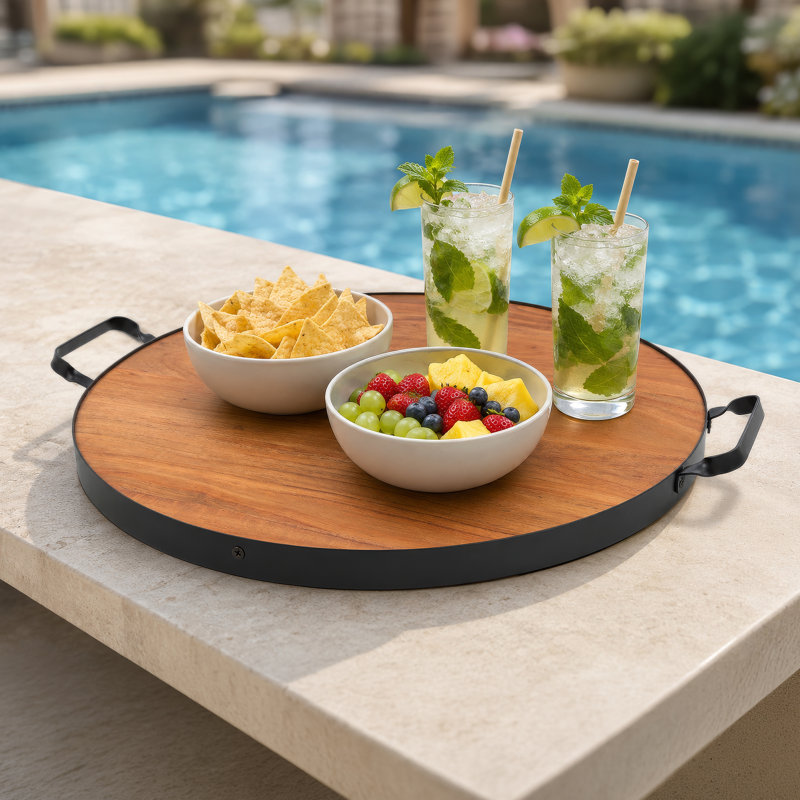 Grand plateau de service rond en bois de manguier avec poignées, 53 x 4,1 cm. Plateau extra large idéal pour table basse, pouf, plats et boissons. Parfait pour les fêtes, les événements et la décoration.