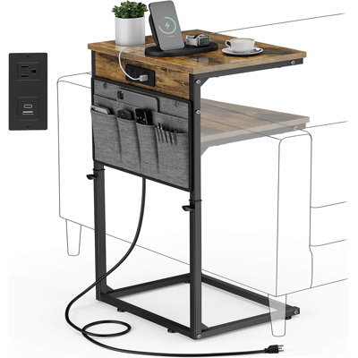Table de bout en forme de C à hauteur réglable avec station de charge, table d'appoint coulissante sous le canapé avec poche de rangement, port USB et prise de courant CA pour le salon, la chambre à coucher