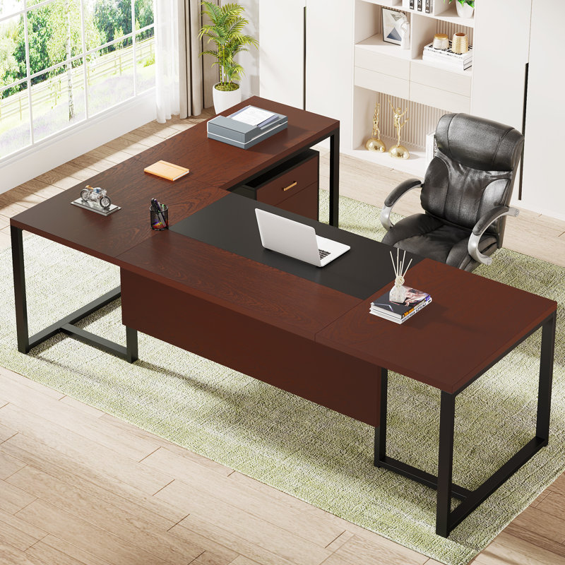 Wieze L-Shaped Metal Base Executive Desk, Dark Walnut/Black