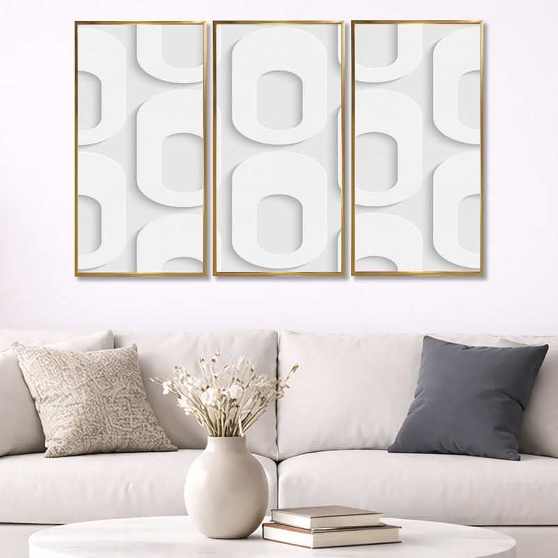Motif de forme incurvée - ensemble de 3 impressions sur toile flottante, Cadre doré, H 32 po x l 48 po x P 1 po