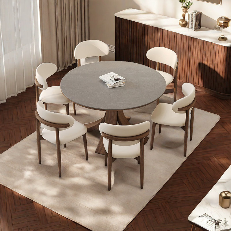 Modern Retro Solid Wood & Slab Table, Walnut Colour, 29.52" H x 47.24" L x 47.24" W