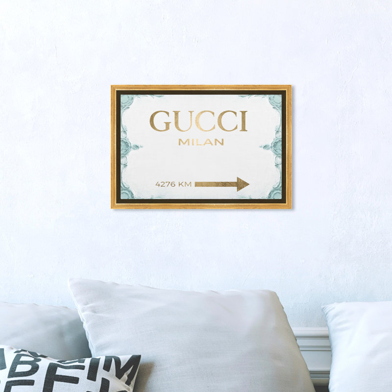 «Milan Sign Aqua», art textuel sur toile, H 16 po x l 24 po, Encadrement doré