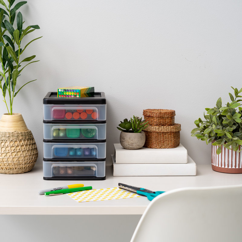 Compact Black Plastic 4-Drawer Small Desk Organizer - Set of 2