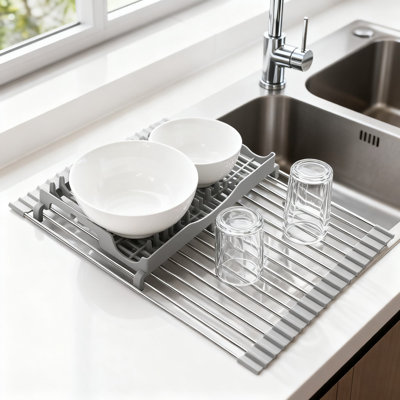 Foldable Over Sink Dish Drying Rack With Utensil Holder, Stainless Steel Collapsible Drainboard And Counter Mat For Kitchen Space Saving