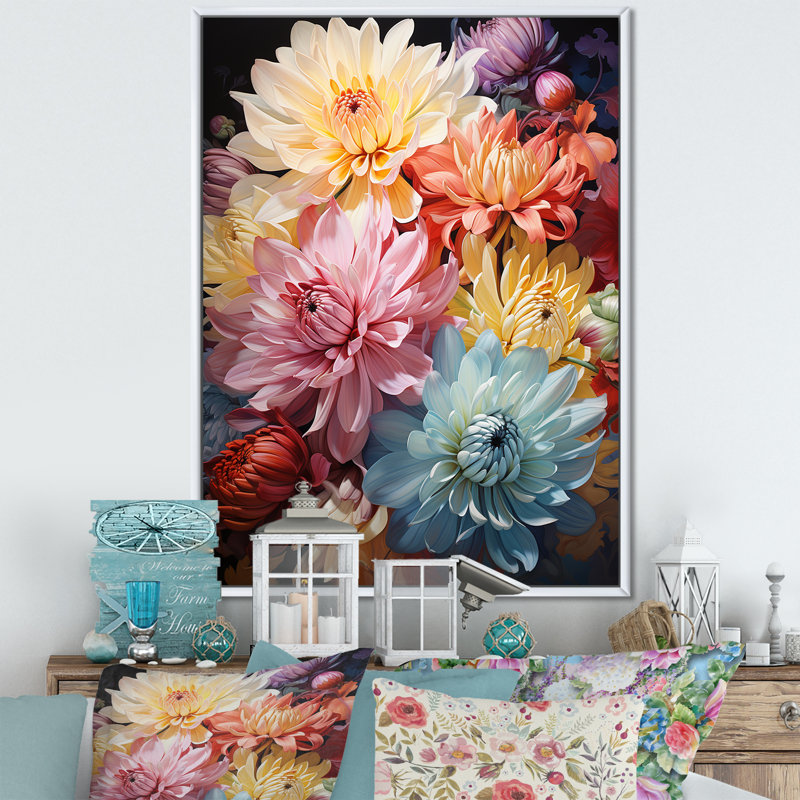 «Mums With Its Caractéristic Curved Stems I», reproduction sur toile, Cadre flottant blanc, H 40 po x l 30 po x P 1,5 po