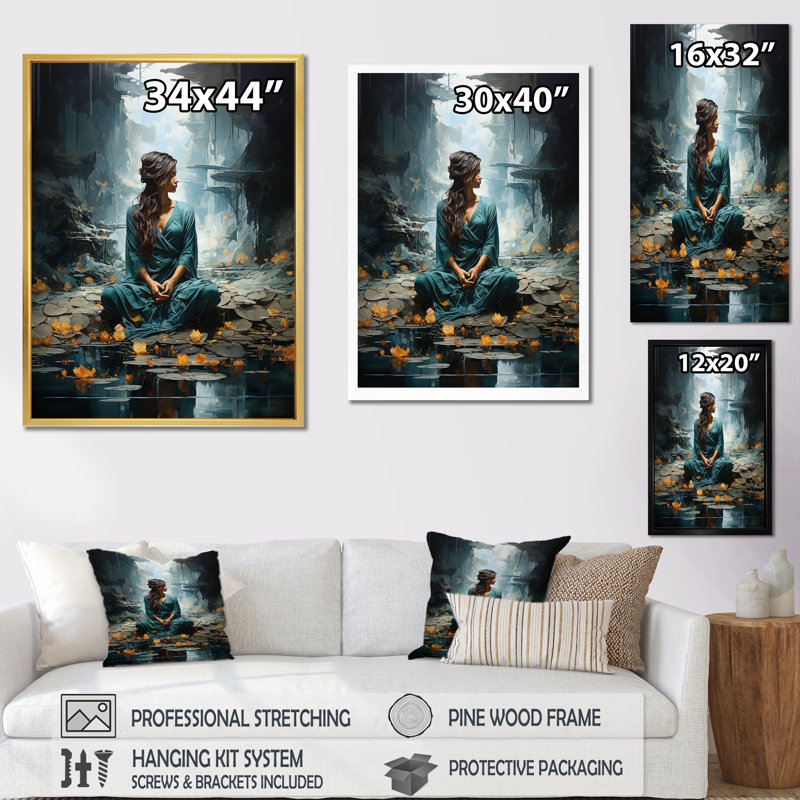 «Hinduism Yogis Tranquil Cave Teal», reproduction sur toile, Toile tendue, H 32 po x l 16 po x P 1 po