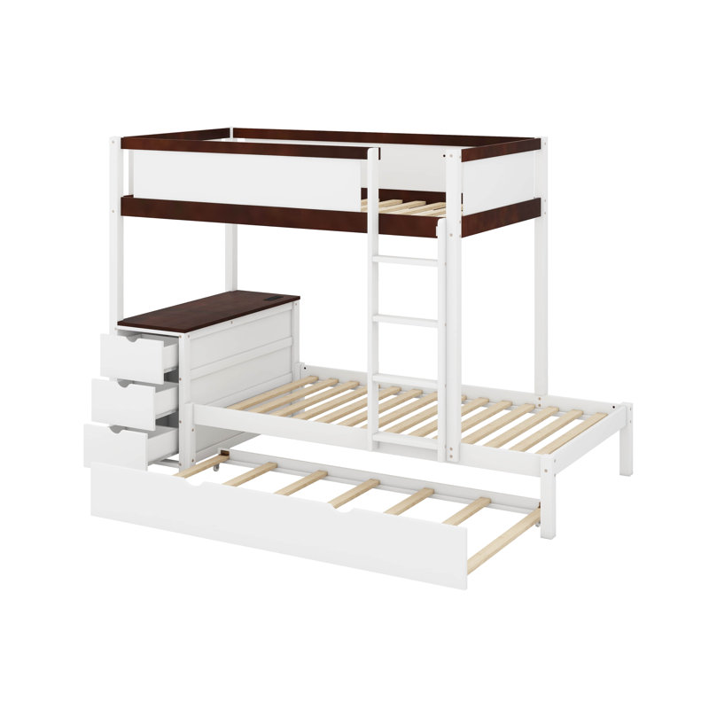 Twin Over Twin Bunk Bed With Trundle And Desk, White/Walnut