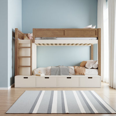 Twin Over Twin Bunk Bed With 4 Storage Drawers, Solid Wood Bunk Bed With Built-In Wardrobe And Full-Length Guardrails, No Box Spring Needed
