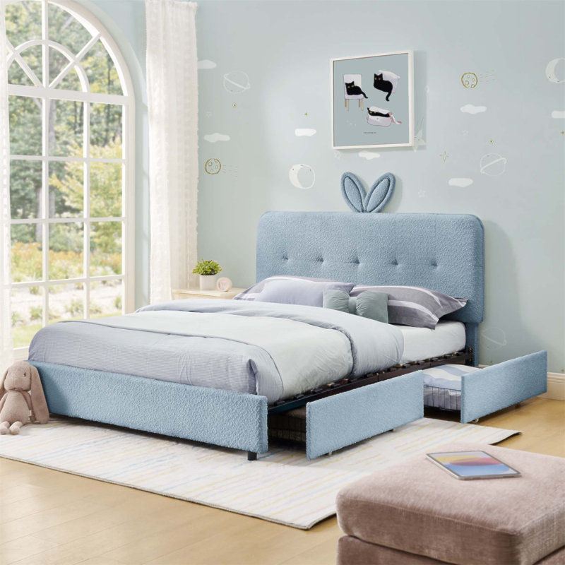Lit tapissier pour enfants avec tête de lit à oreilles, lumière DEL et 4 tiroirs de rangement, tissu Boucle, Lit double