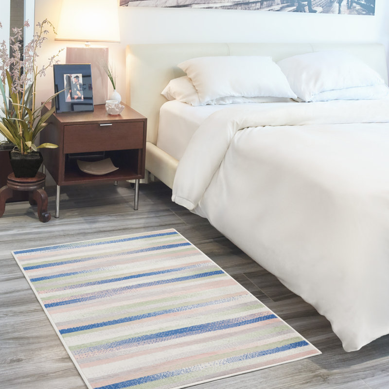 Bleu rayé/Ivoire/rose Tapis décoratif, Rectangle 8 pi x 10 pi