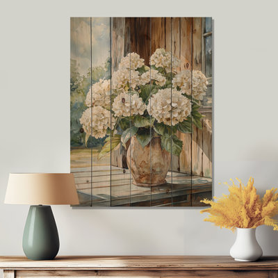 Farmhouse Hydrangeas Pot In The Summer Breeze - Hydrangea Wood Print - On Natural Pine Wood