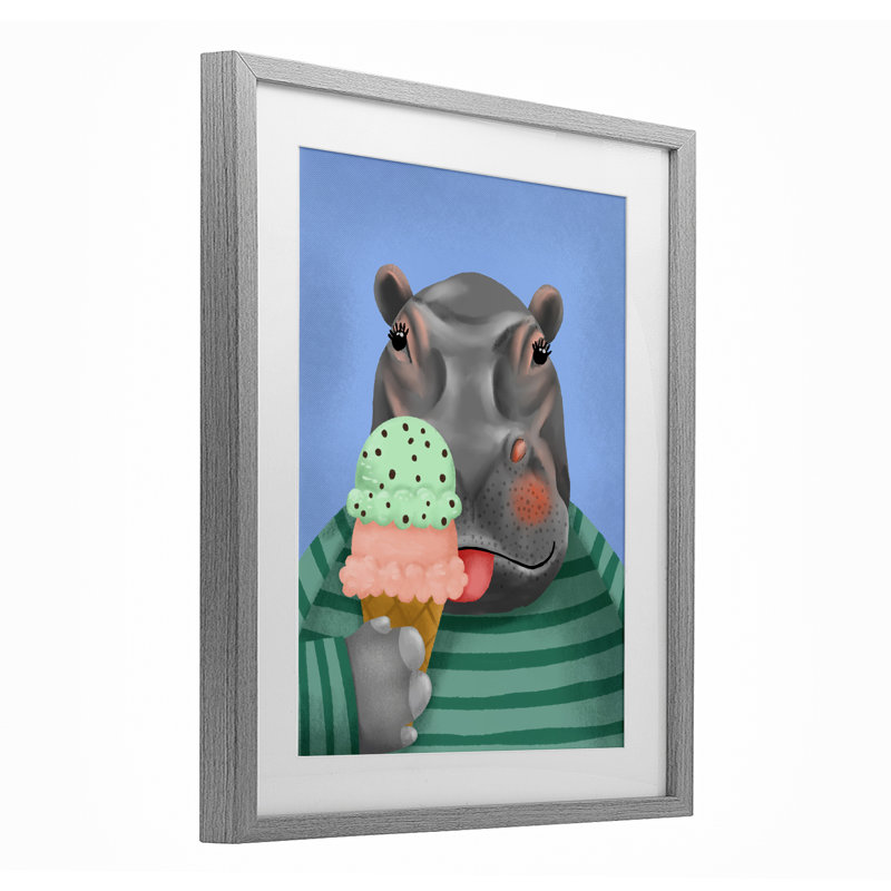 Hippo and Ice Cream Cone, reproduction encadrée sous verre, conception de Jilly Jack Designs, Cadre de ferme gris