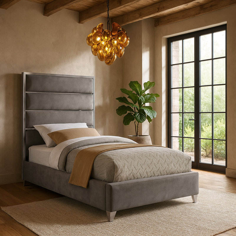 Lit plateforme tapissier Dietz, Velours gris, Simple