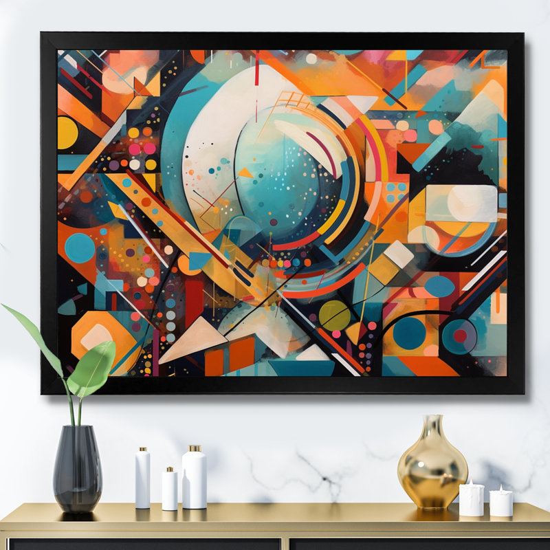 Vibrations géométriques orange et bleues IV - impression, Impression noire sur toile encadrée, H 12 po x l 20 po x P 1 po