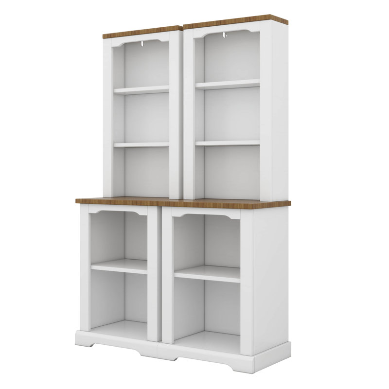 Two-Piece Freestanding Tall Cabinet With Fully Open Storage, Walnut Element Bookshelves With Curved Design, White