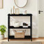 Console à 3 niveaux avec tablettes de rangement, bibliothèque ouverte avec pieds en bois massif pour le couloir, le salon et la chambre à coucher. Noir
