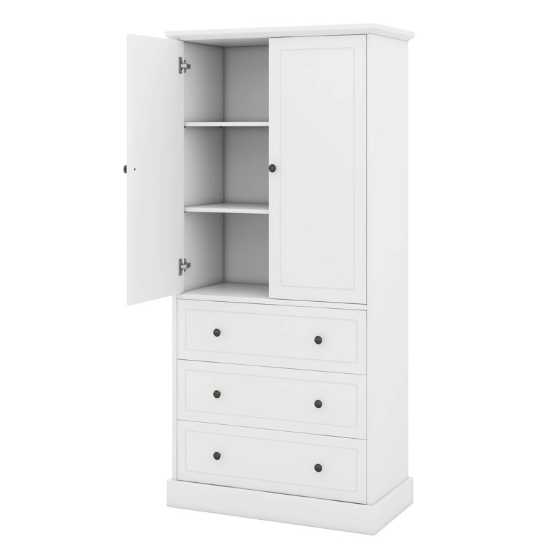 Armoire de rangement pour salle de bain avec portes et 3 grands tiroirs, tablettes réglables, armoire autoportante