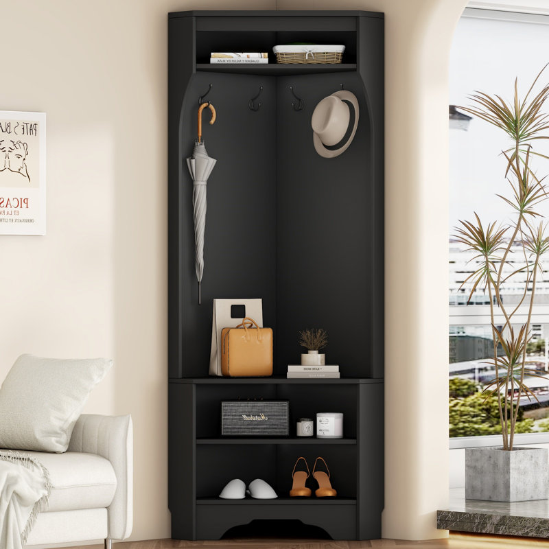 Black Minimalist Corner Hall Tree With Shoe Bench, Noir