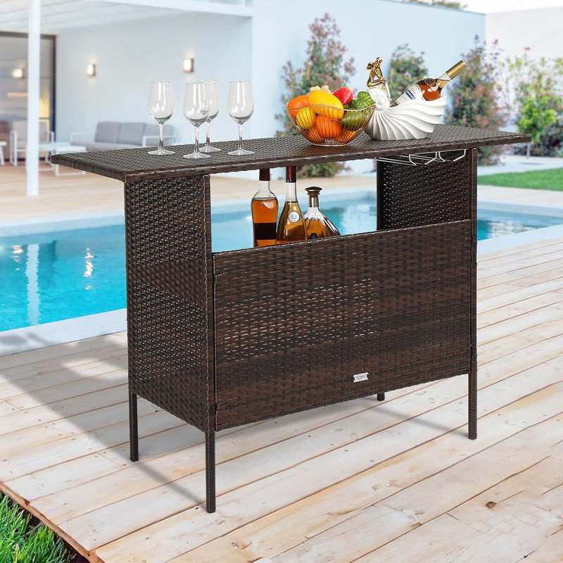 Modern Outdoor Wicker Bar Counter Table with Steel Shelves - Brown