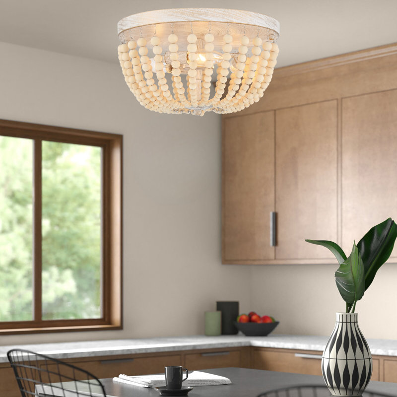 Wallick 3 - Light 32Cm Caged Solid Wood Bead Flush Mount Light, White/Gold