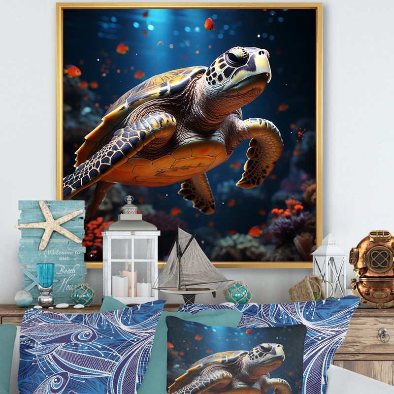 Cosmic Art Style Doting A Turtle - Tortue, décoration murale animal, Cadre flottant doré, H 24 po x l 24 po x P 1 po