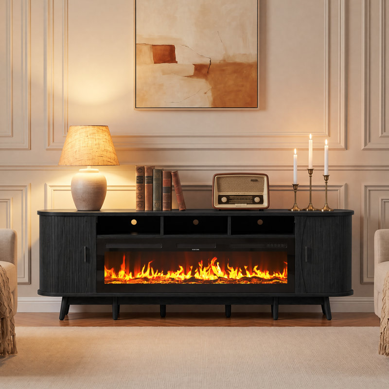 97"W Black Modern TV Stand With 60" Electric Fireplace For Tvs Up To 100", Tambour Door Media Console Cabinet, Fluted Entertainment Center