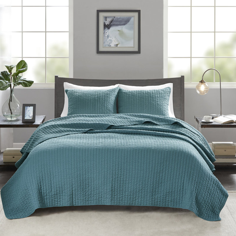 Courtepointe bleu sarcelle pour lit double / grand lit 3 - Microfibre, rembourrée de coton, réversible, piquage à piquer, embellit l'intérieur de la chambre à coucher, comprend 2 taies décoratives avec rembourrage en coton 3 pièces, rehausse le style, avec et