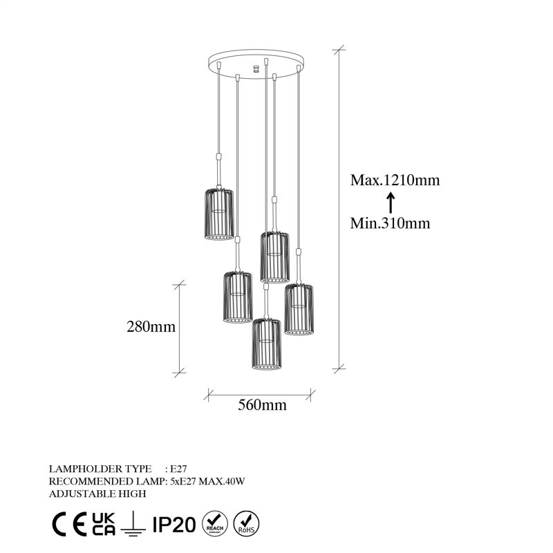 Luminaire suspendu cylindrique à 5 lumières, Or brillant